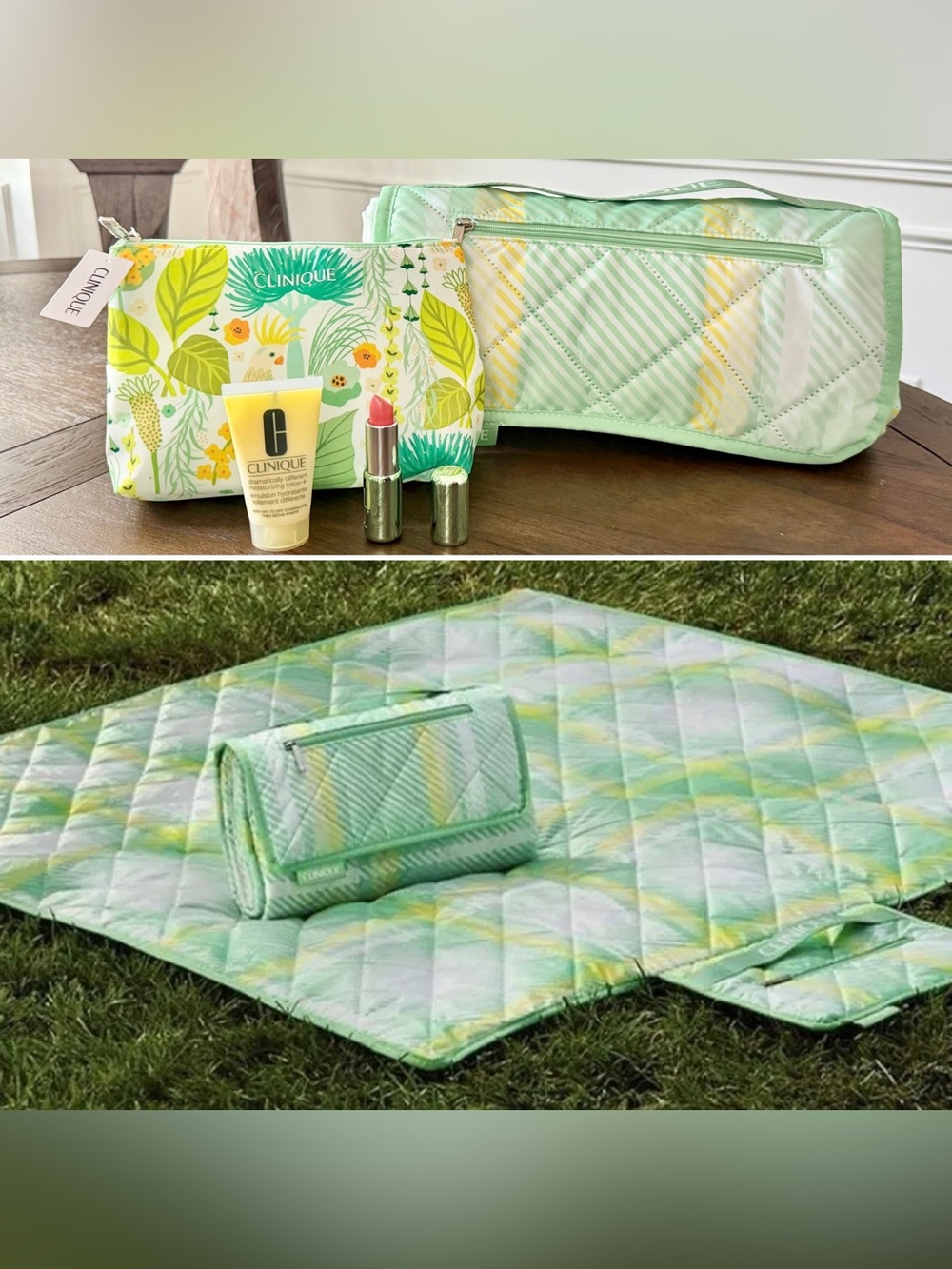 NEW Clinique Picnic Blanket w/Full Size “Melon Pop” lipstick/DD travel lotion
